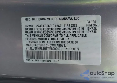 2021 Honda Odyssey Touring from USA, damaged, VIN 5FNRL6H87MB009491